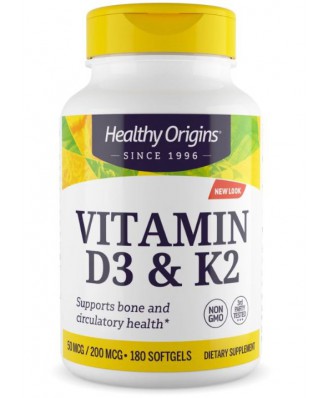 Vitamin D3 & K2, 50mcg/200mcg, 180 Softgels, Healthy Origins