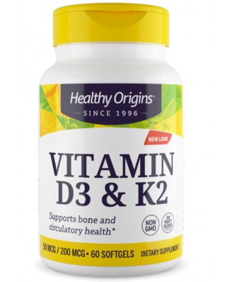 Vitamin D3 & K2, 50mcg/200mcg, 60 Softgels, Healthy Origins